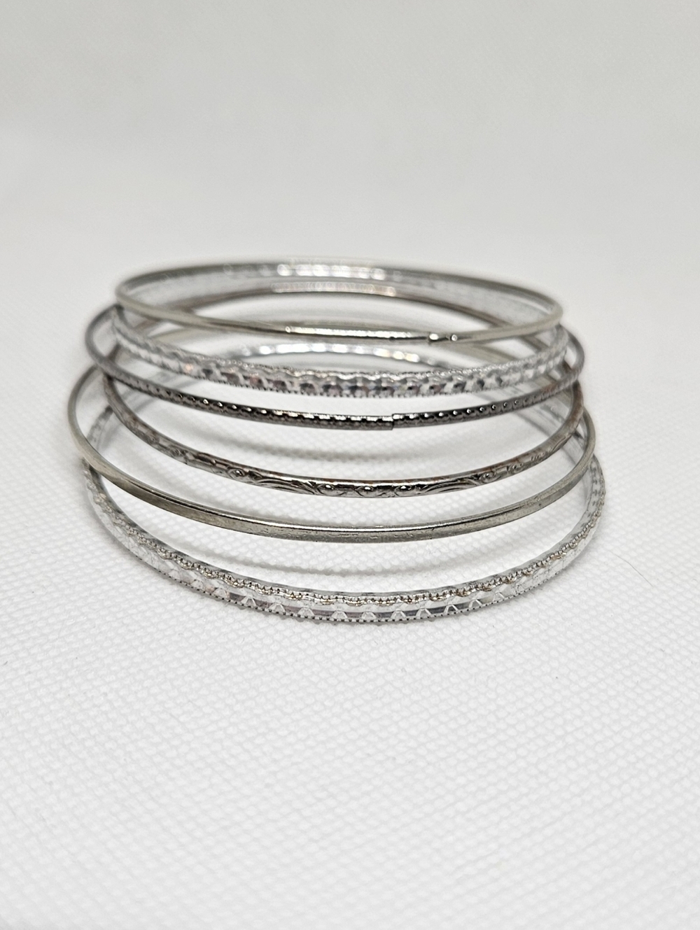Silver Tone Bangle Bracelet Set Stackable Textured Thin Bangles
